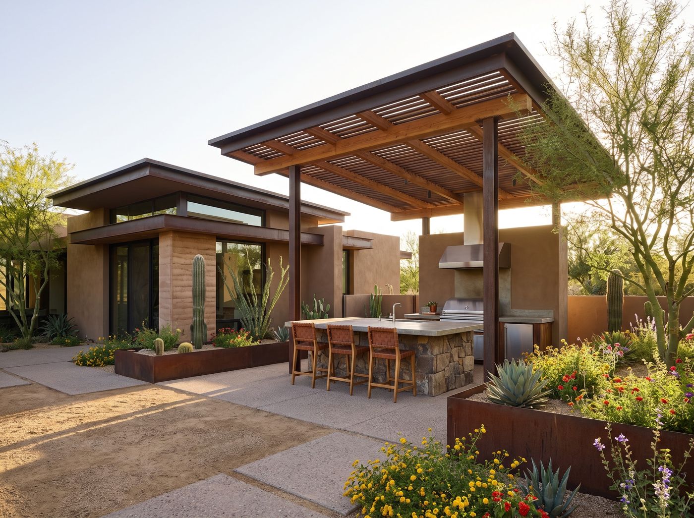 Covered Desert Kitchen with Bar Seating
