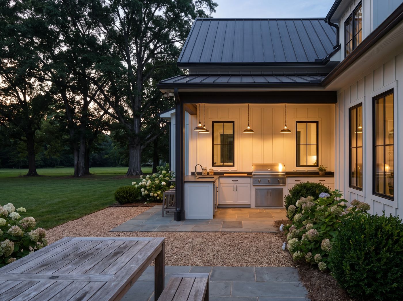 Covered Farmhouse Kitchen with Pendant Lights