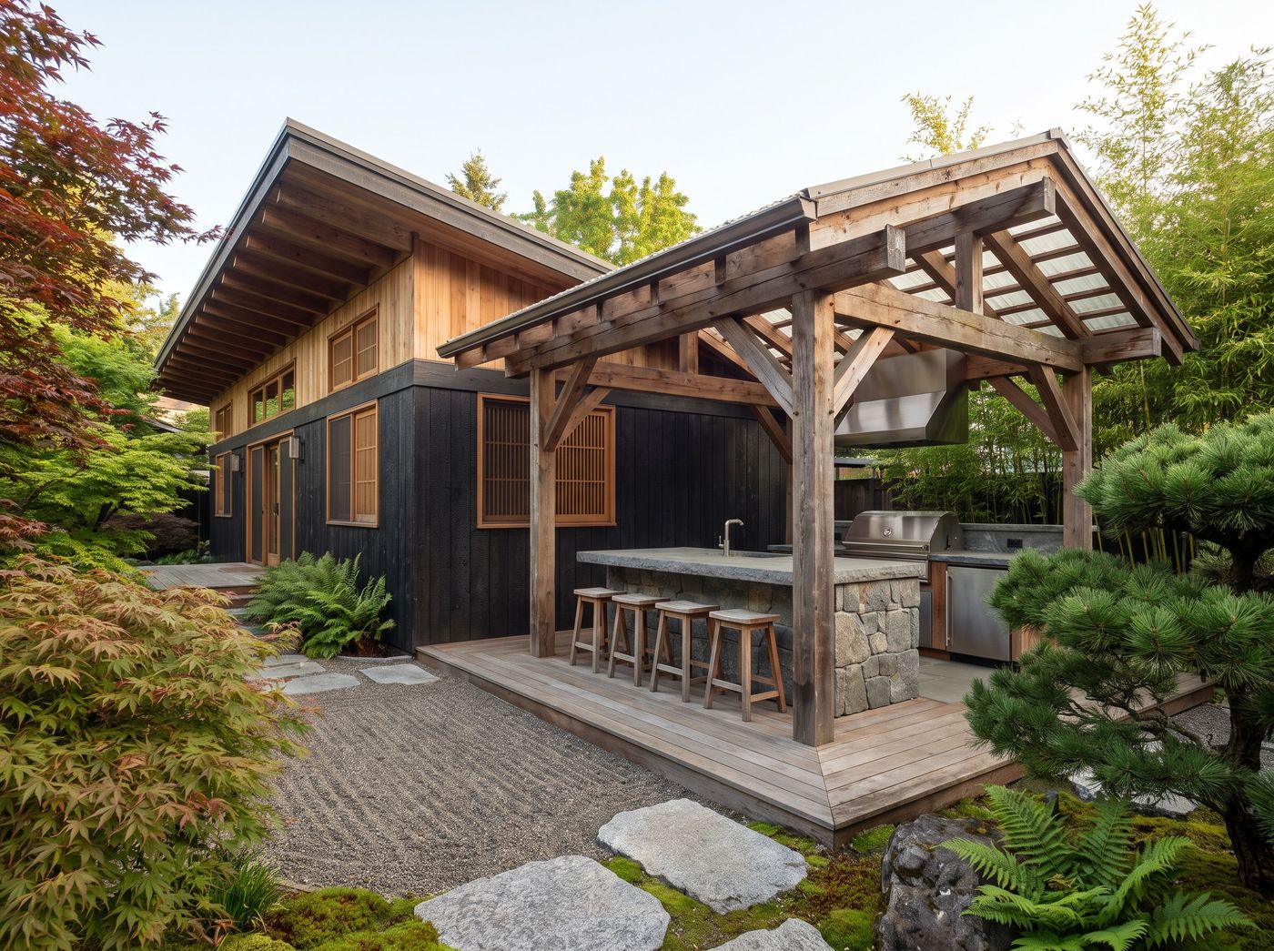 Covered Kitchen Island Beside Raked Gravel