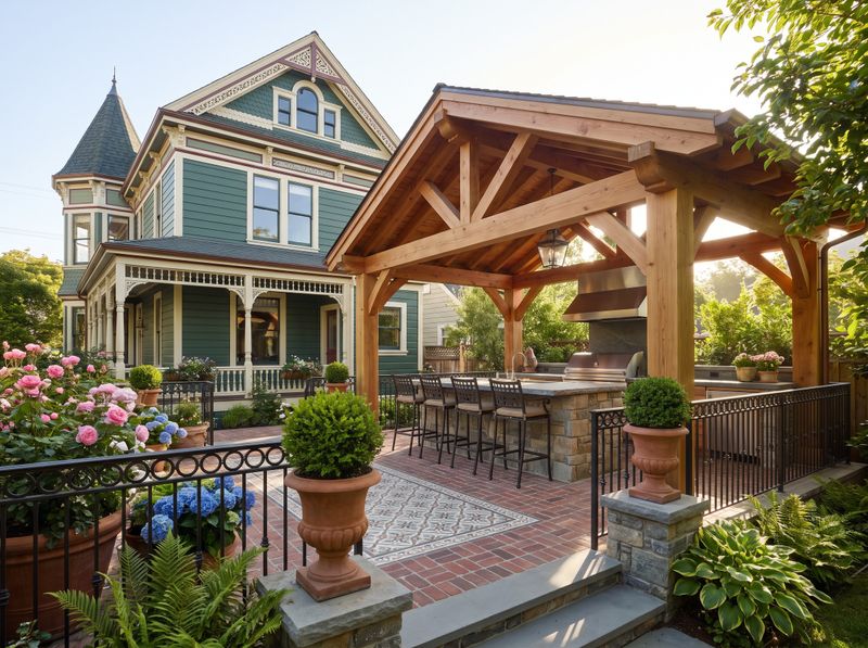 Covered Outdoor Kitchen Beside Victorian Home