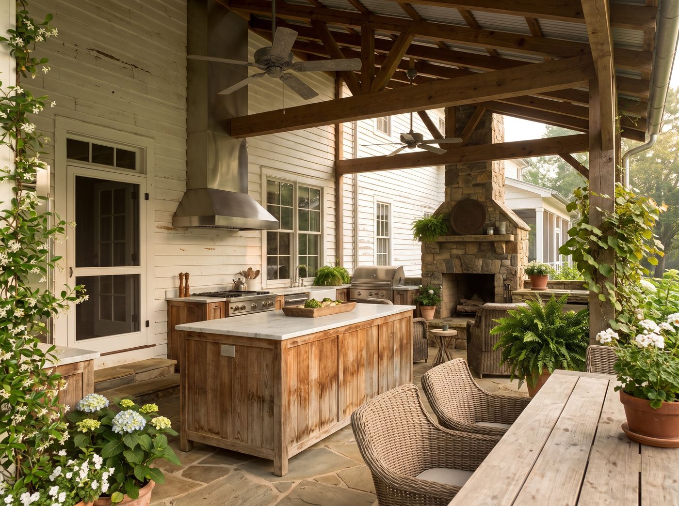 Covered Porch Kitchen with Stone Fireplace
