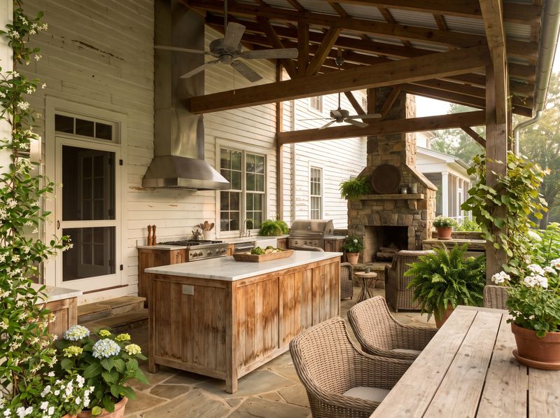 Covered Porch Kitchen with Stone Fireplace