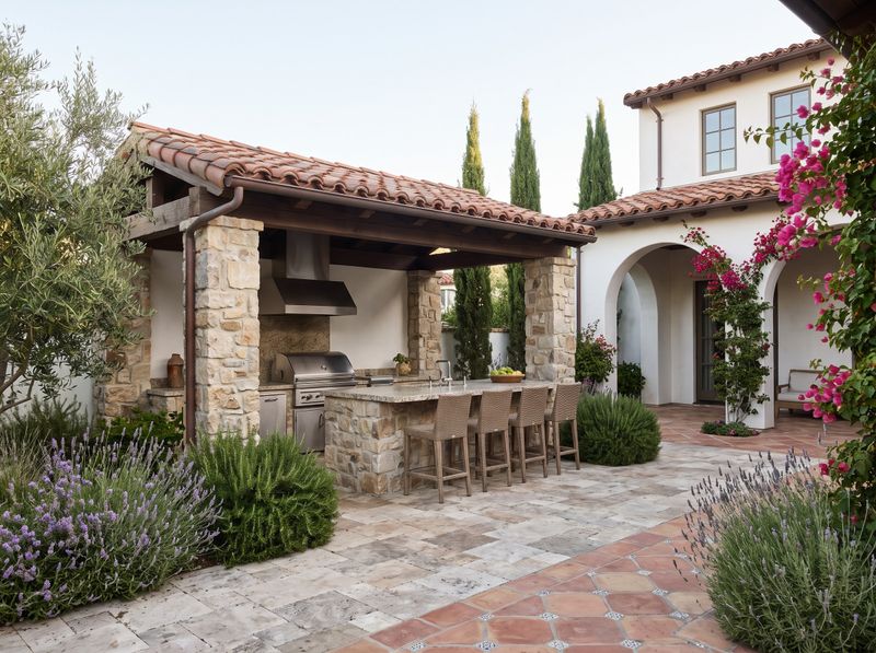 Covered Stone Kitchen with Bar Seating
