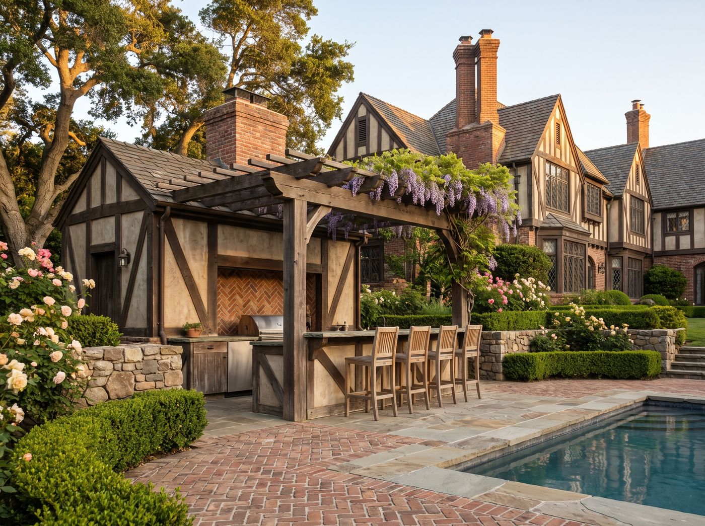 Half-Timbered Poolside Kitchen with Bar Seating