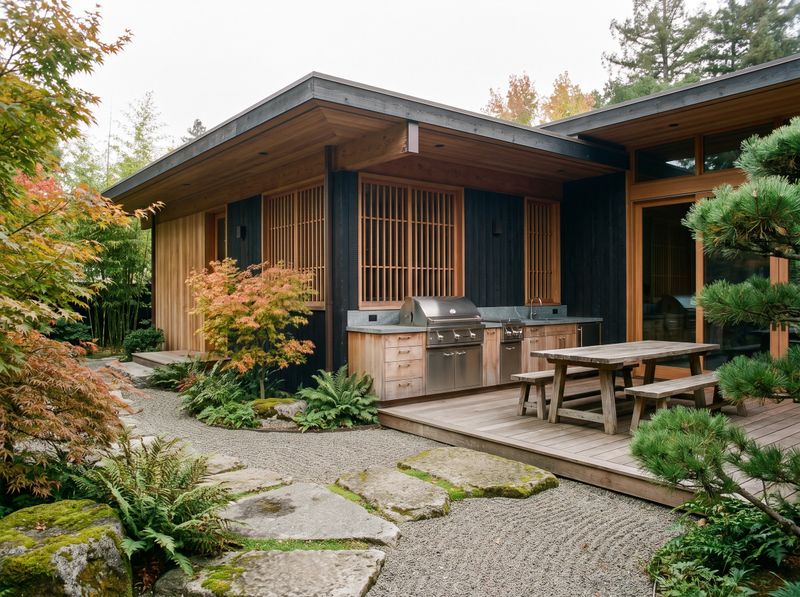 Japanese Grill Station Beside Raked Gravel
