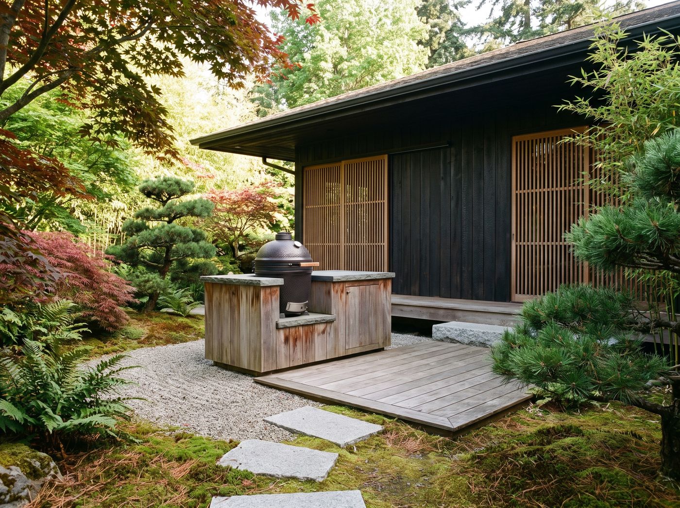 Kamado Grill Island Beside Cedar Screens