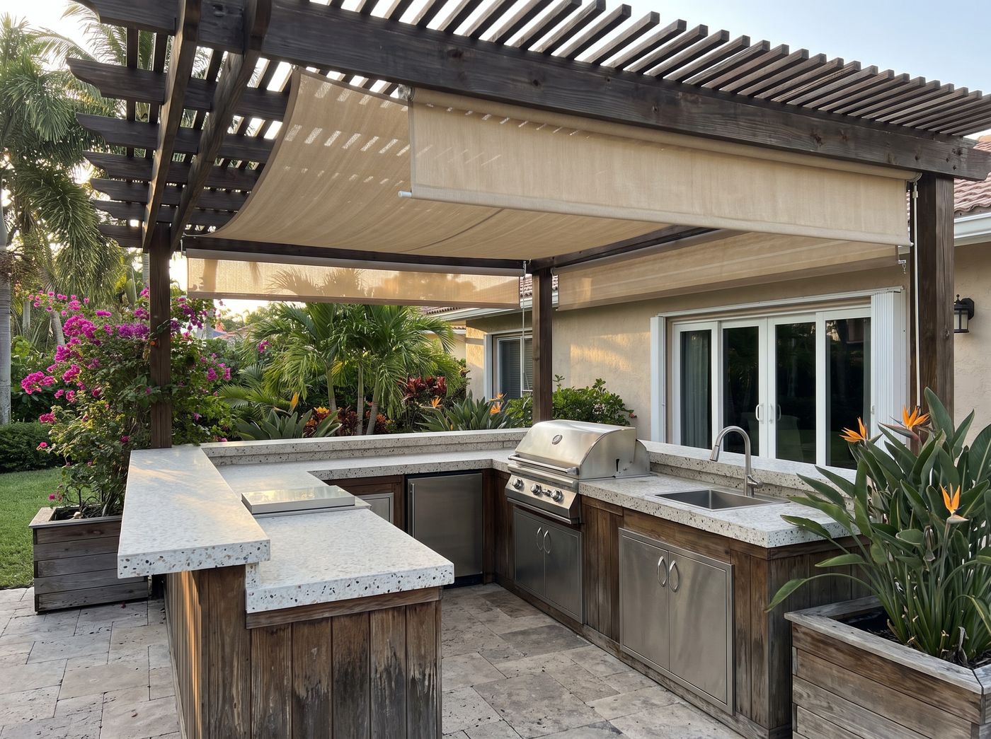 Outdoor Kitchen Bar Under Timber Pergola