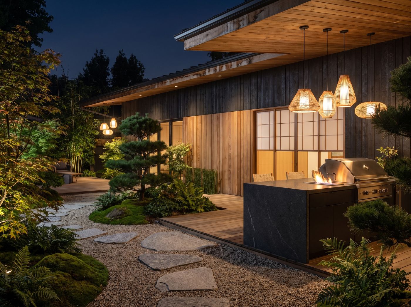 Outdoor Kitchen Island with Woven Pendants
