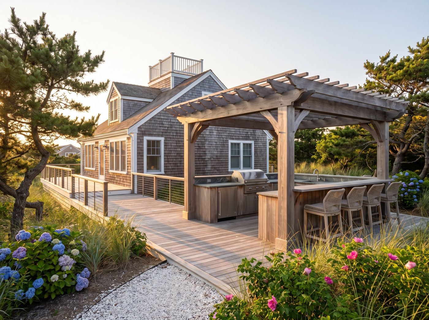 Pergola-Covered Kitchen on Coastal Deck