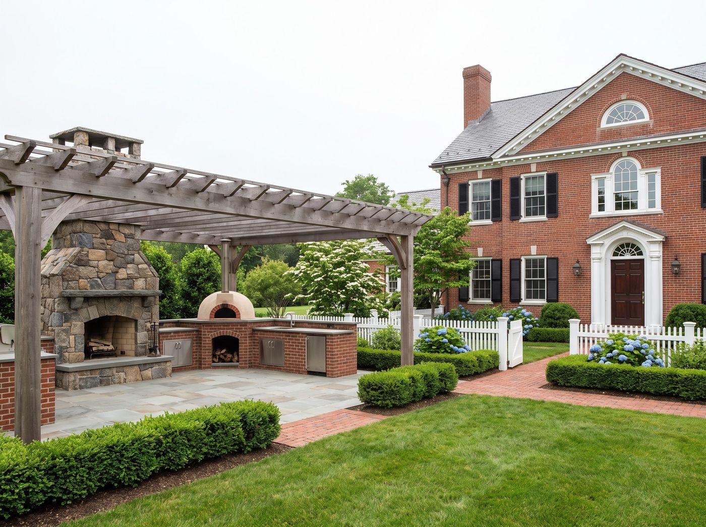 Pergola-Covered Kitchen with Stone Fireplace