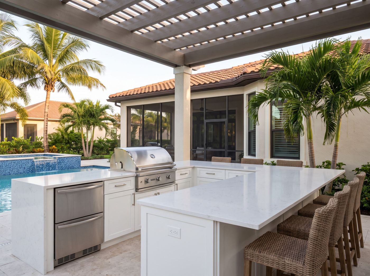 Poolside Kitchen Island Under Wood Pergola