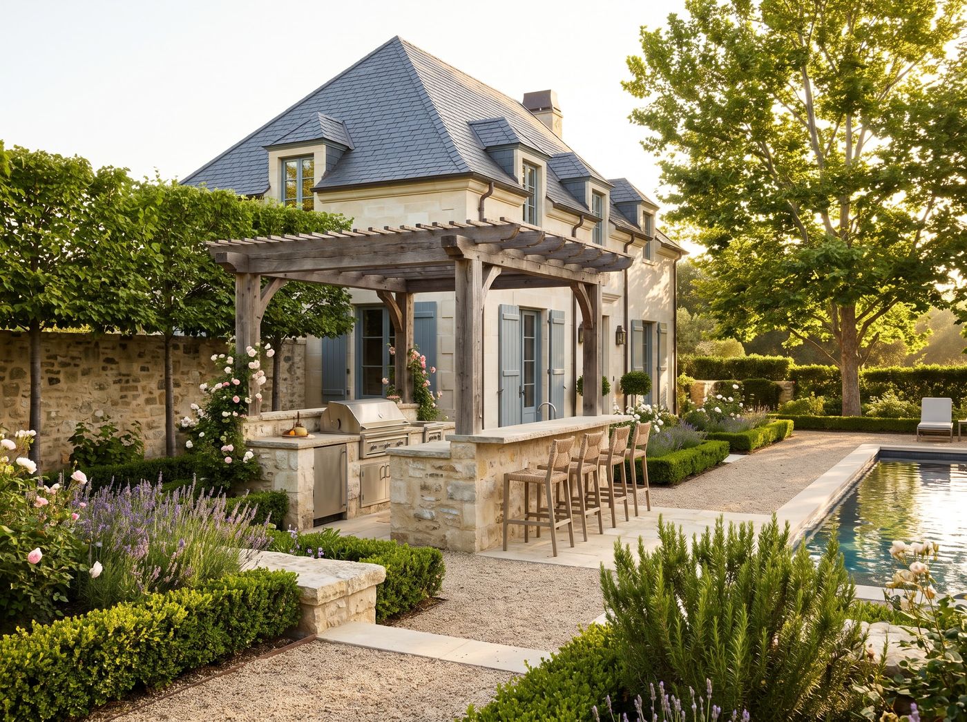 Poolside Limestone Kitchen Under Timber Pergola