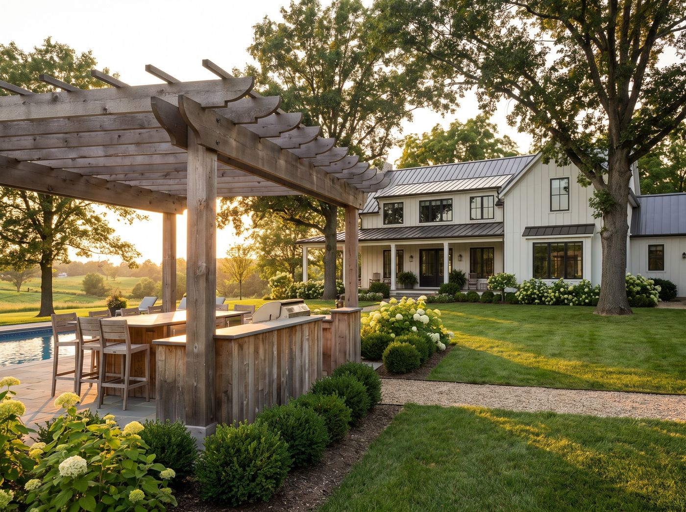 Poolside Outdoor Kitchen Beneath Timber Pergola