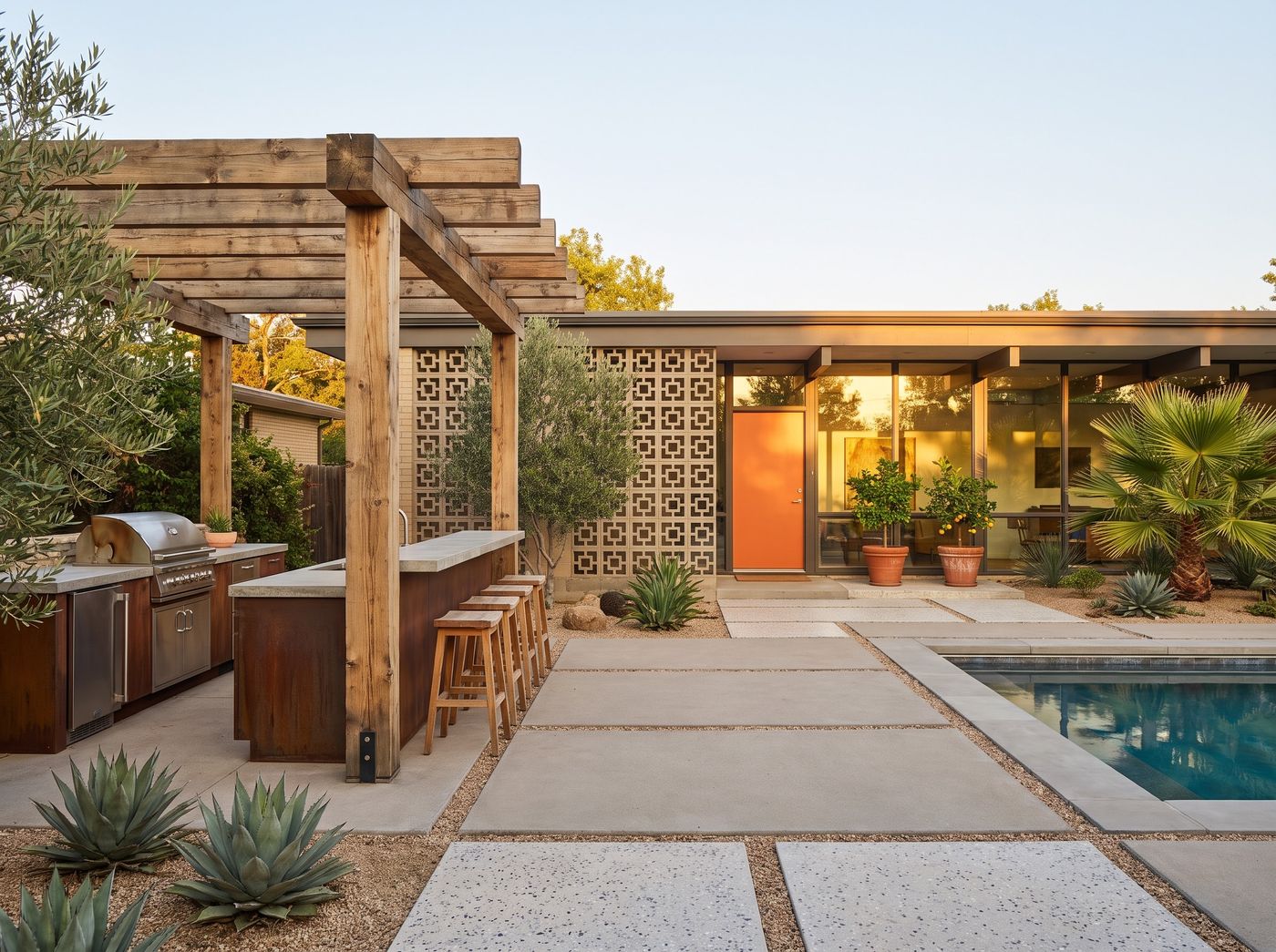 Poolside Outdoor Kitchen with Timber Pergola