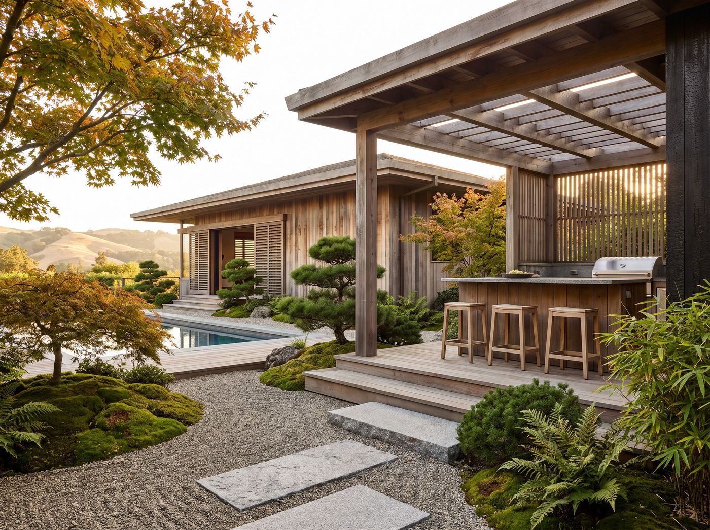 Poolside Outdoor Kitchen with Timber Pergola