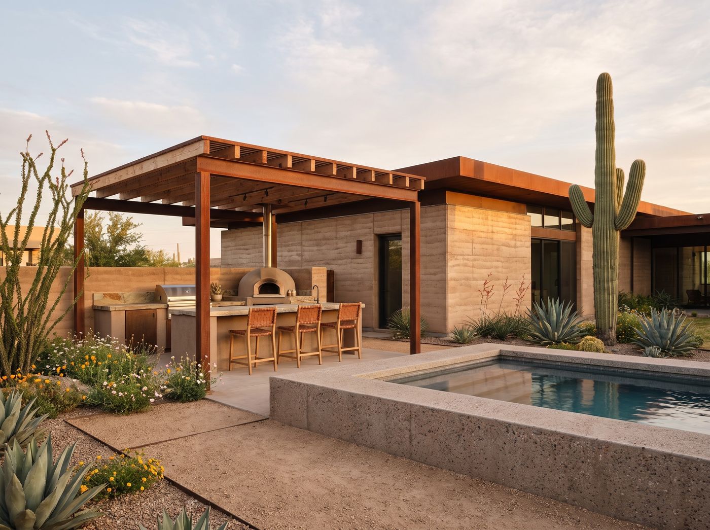 Poolside Outdoor Kitchen with Timber Pergola