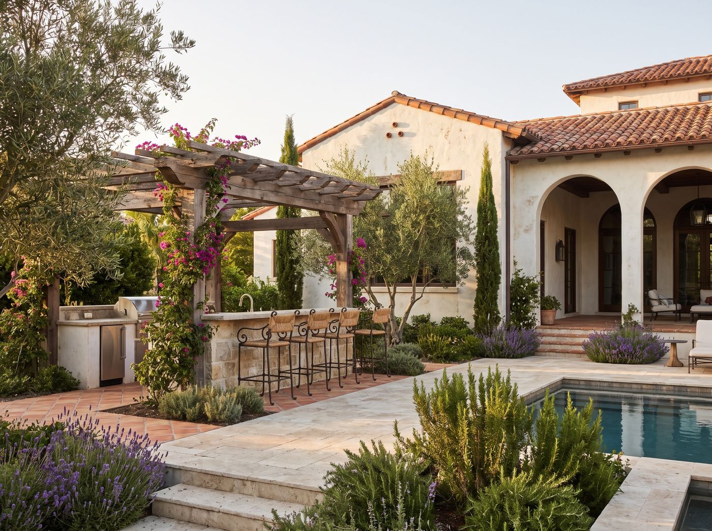 Poolside Pergola Kitchen with Bar Seating