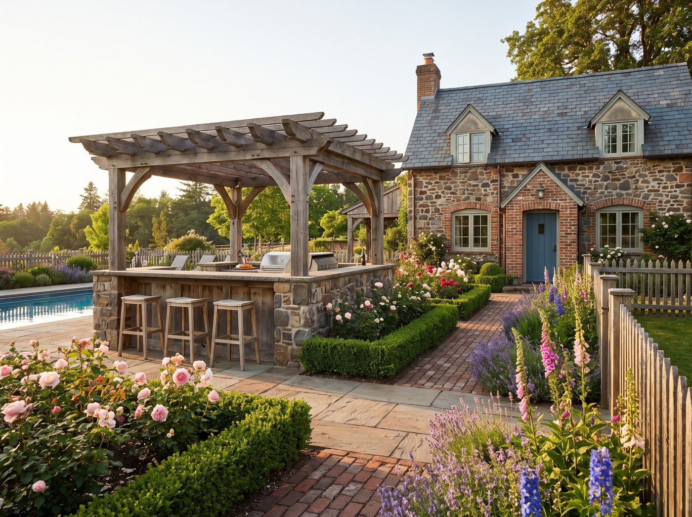 Poolside Pergola Kitchen with Bar Seating