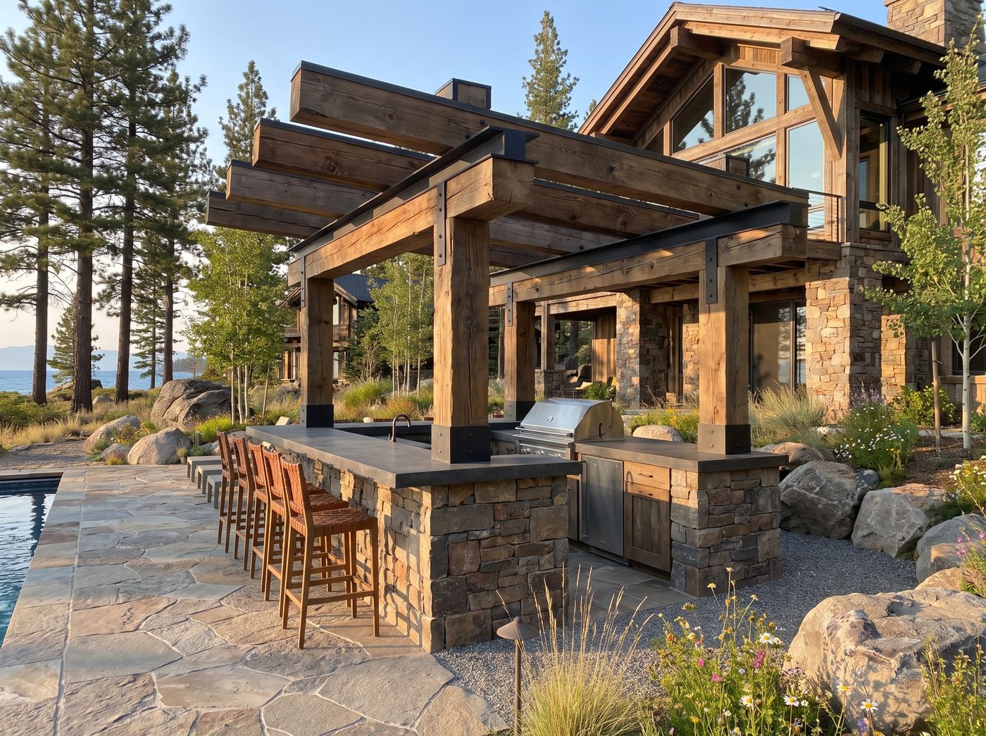 Poolside Stone Kitchen Beneath Timber Pergola