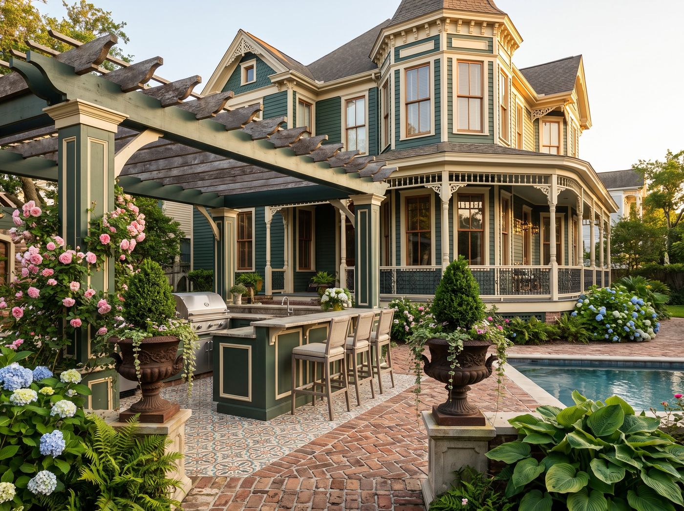 Poolside Victorian Kitchen with Wooden Pergola