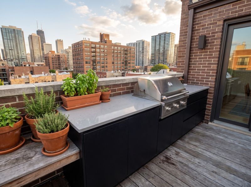 Rooftop Kitchen Overlooking Urban Skyline
