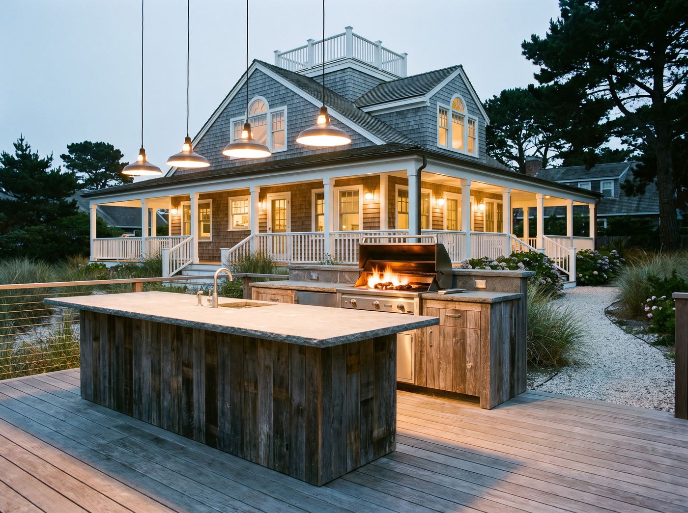 Rustic Timber Island on Coastal Deck
