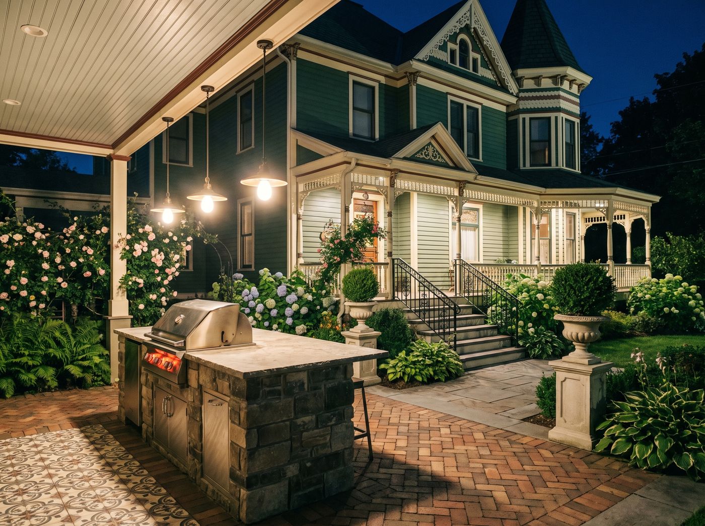 Stone Grill Island Beneath Pendant Lights