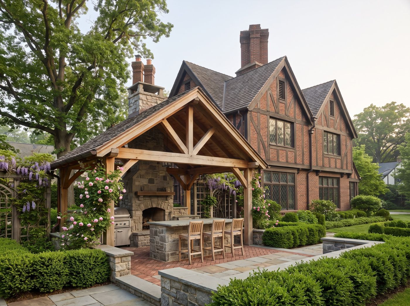 Timber-Framed Covered Kitchen with Stone Island