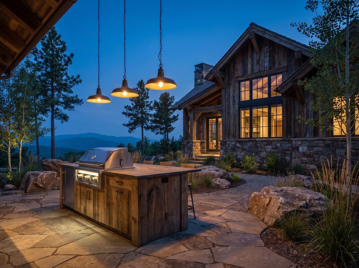 Timber Kitchen Island Beside Mountain Cabin