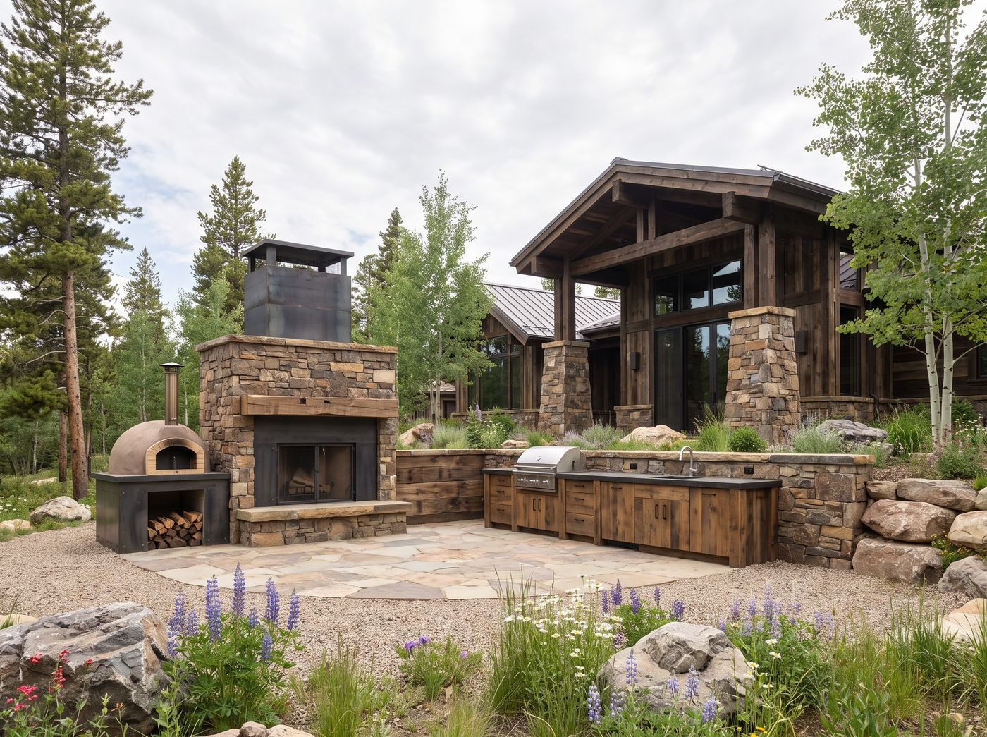 Timber Kitchen Patio with Stone Fireplace