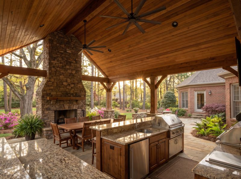 Timber Pavilion with Stone Fireplace