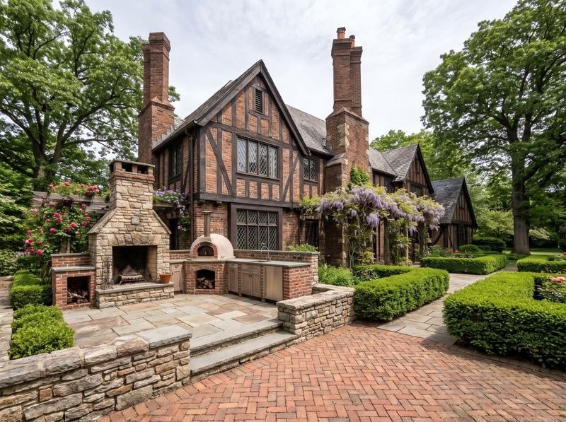 Tudor Outdoor Kitchen with Stone Fireplace
