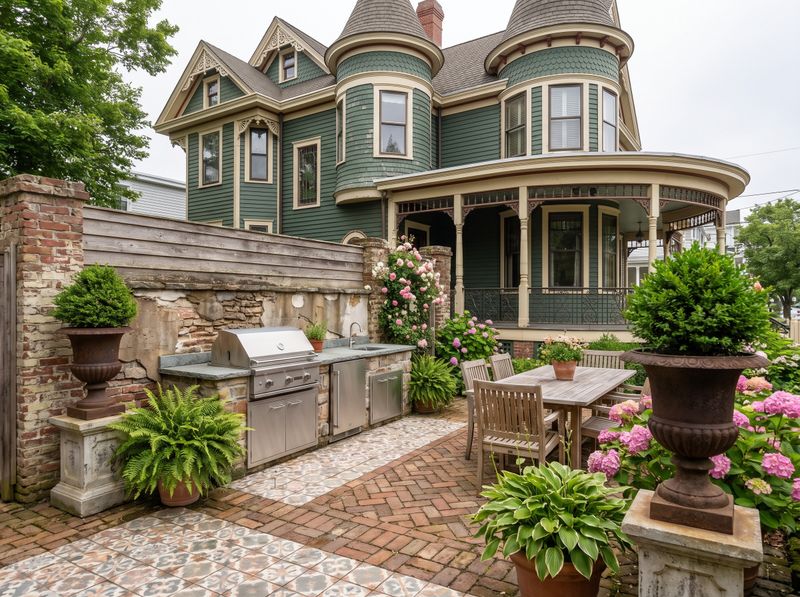 Victorian Courtyard Kitchen with Patterned Tile