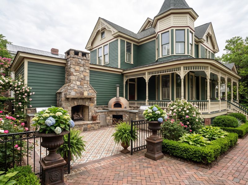 Victorian Outdoor Kitchen with Stone Fireplace
