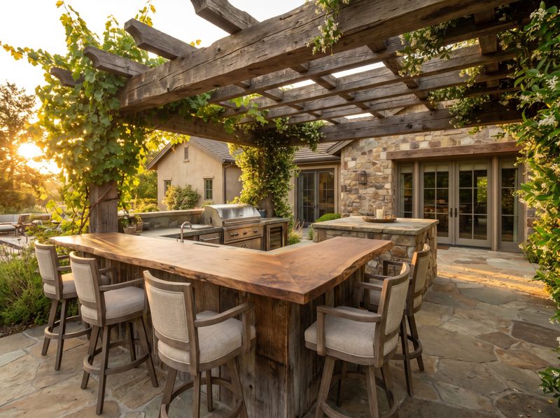 Vine-Covered Timber Pergola Over Outdoor Kitchen