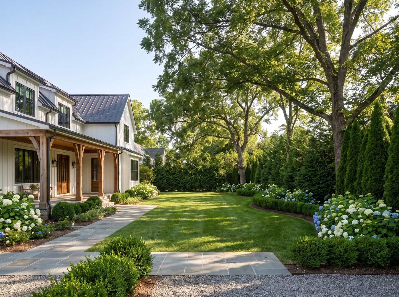 Bluestone Walkway Alongside Modern Farmhouse Lawn