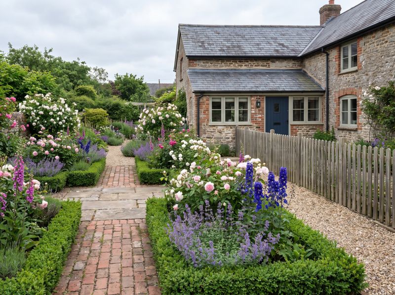 Brick Path Flanked by Flowering Borders