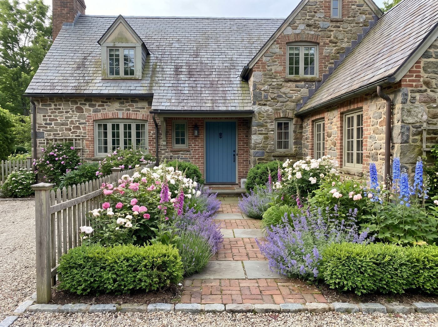 Brick Walkway Leading to Blue Cottage Door