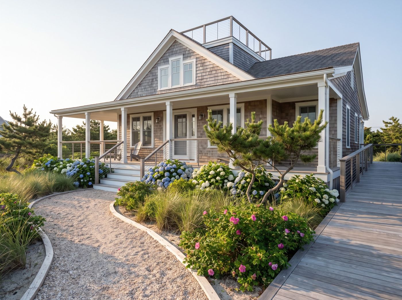 Cedar Shingle Beach House with Gravel Walkway
