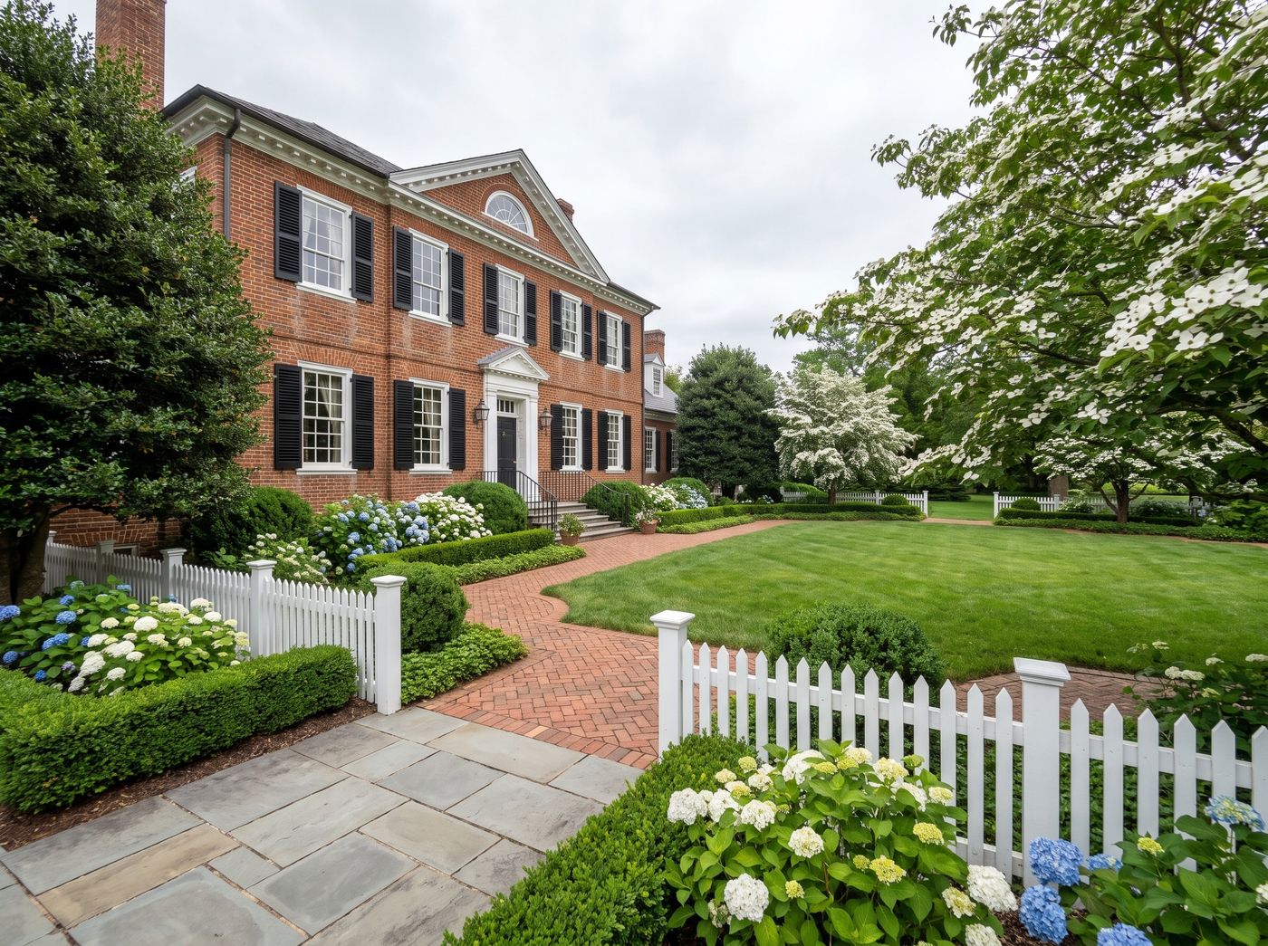 Colonial Brick Home with Boxwood Borders