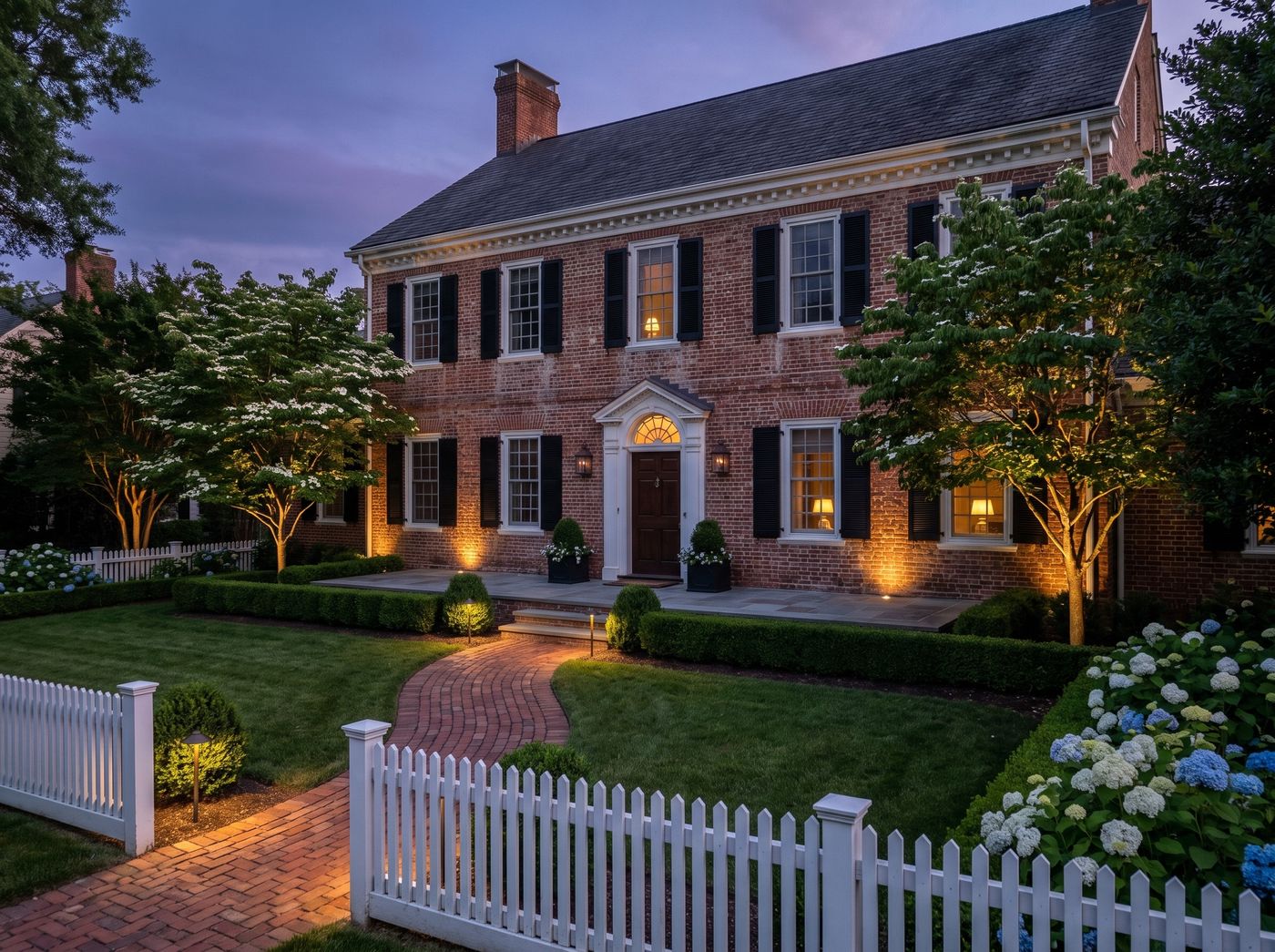 Colonial Front Yard with Brick Walkway