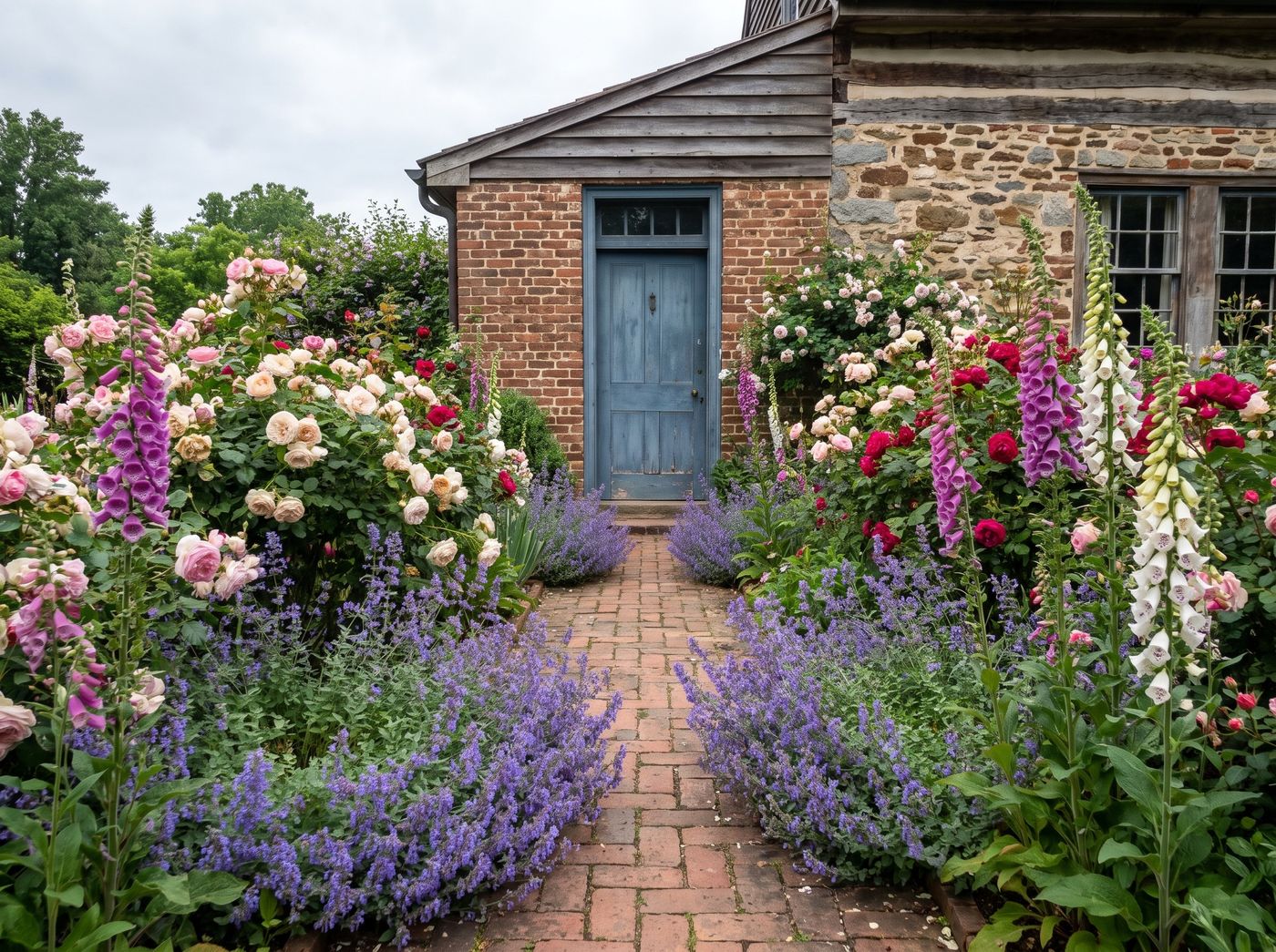 Cottage Garden Path Lined with Roses