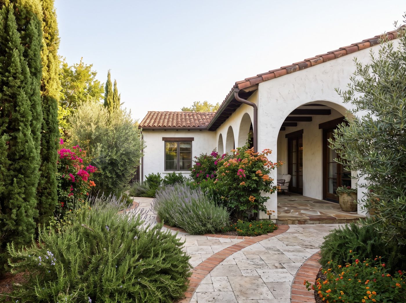 Curved Stone Path to Stucco Arches