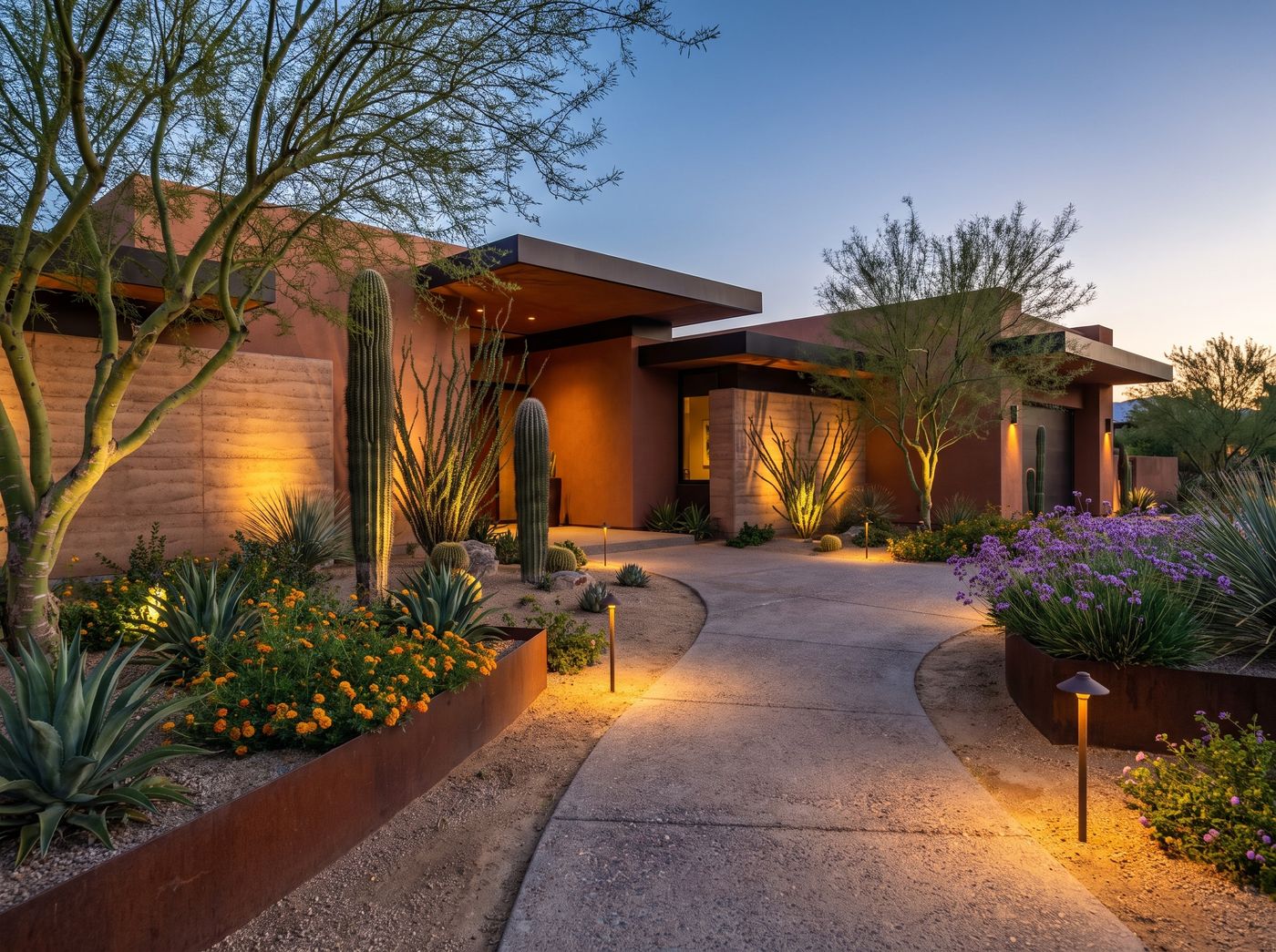 Desert Front Yard with Illuminated Walkway