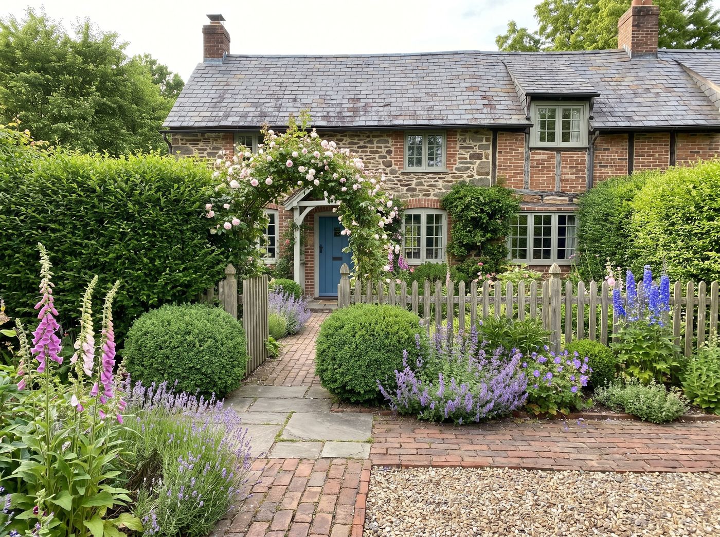 English Cottage Garden with Rose Arch