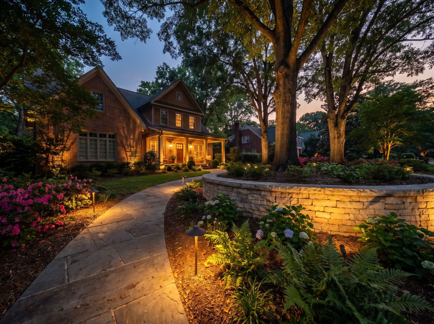 Flagstone Path Beside Illuminated Retaining Wall