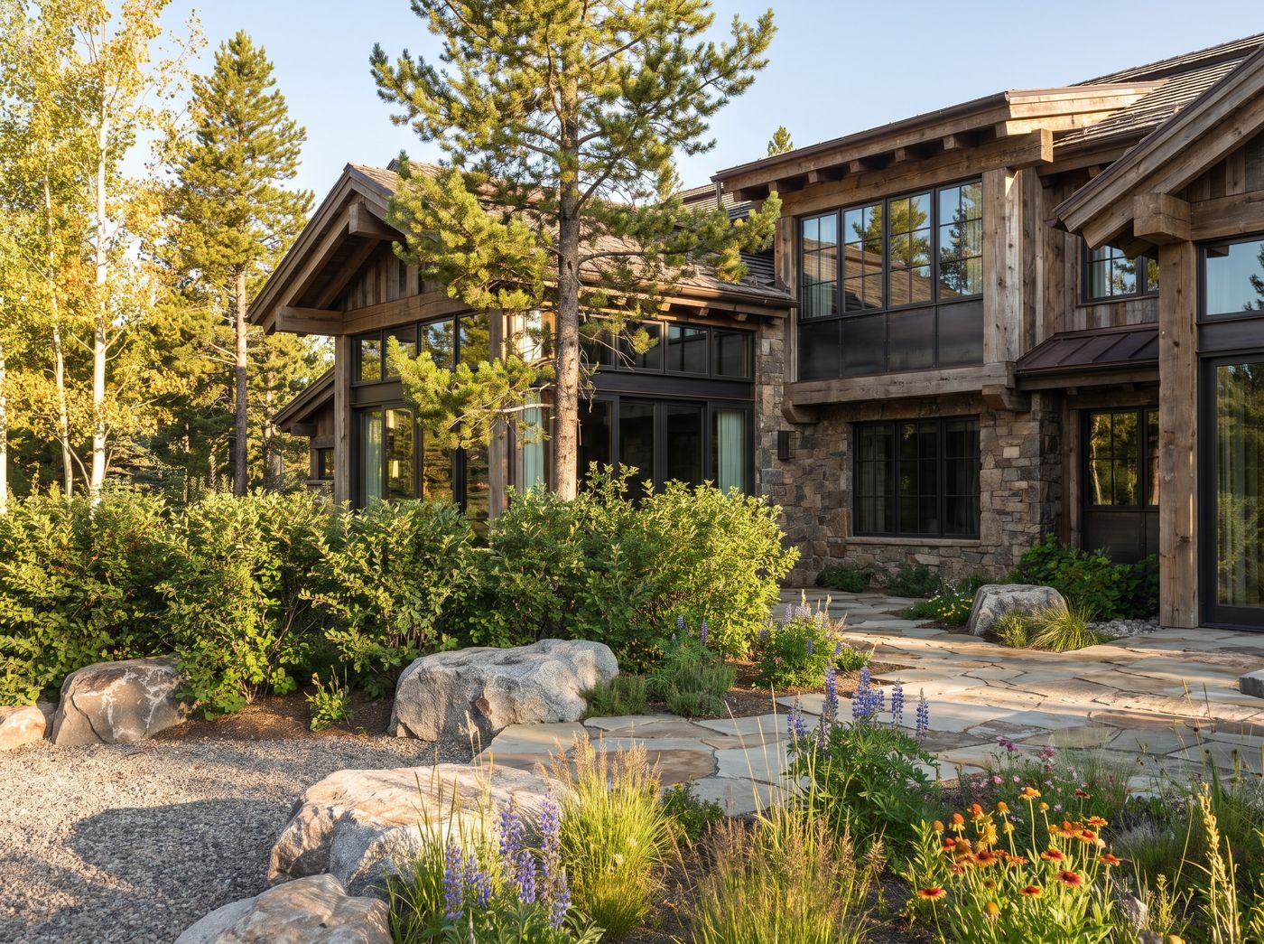 Flagstone Terrace Bordering a Mountain Home