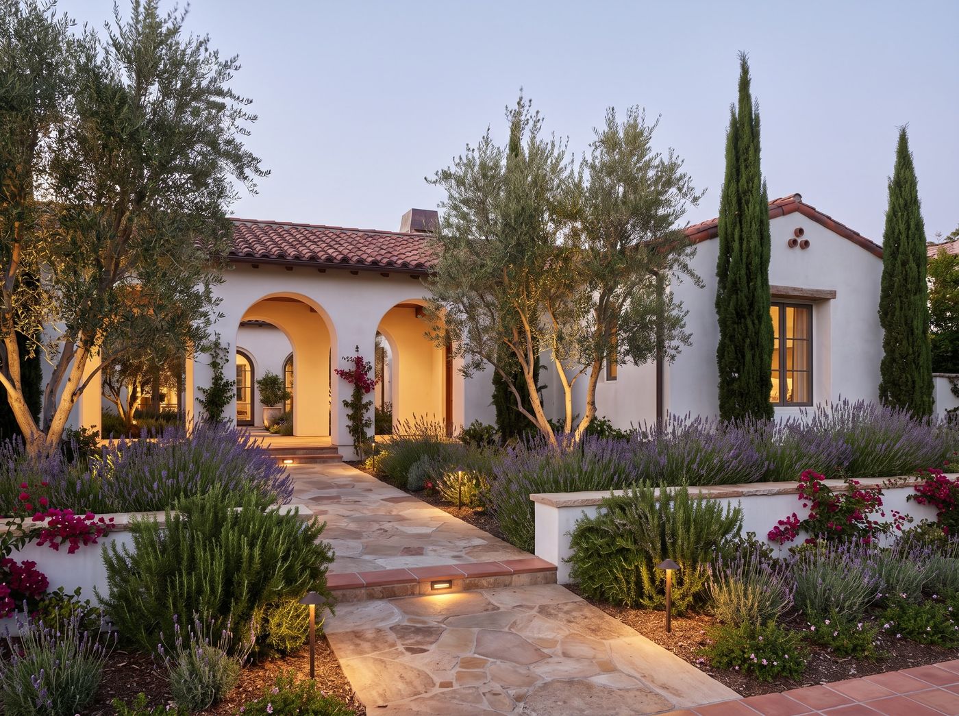 Flagstone Walkway to Stucco Arches