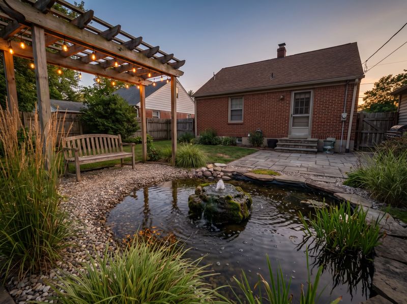 Garden Pond Beside Illuminated Timber Pergola