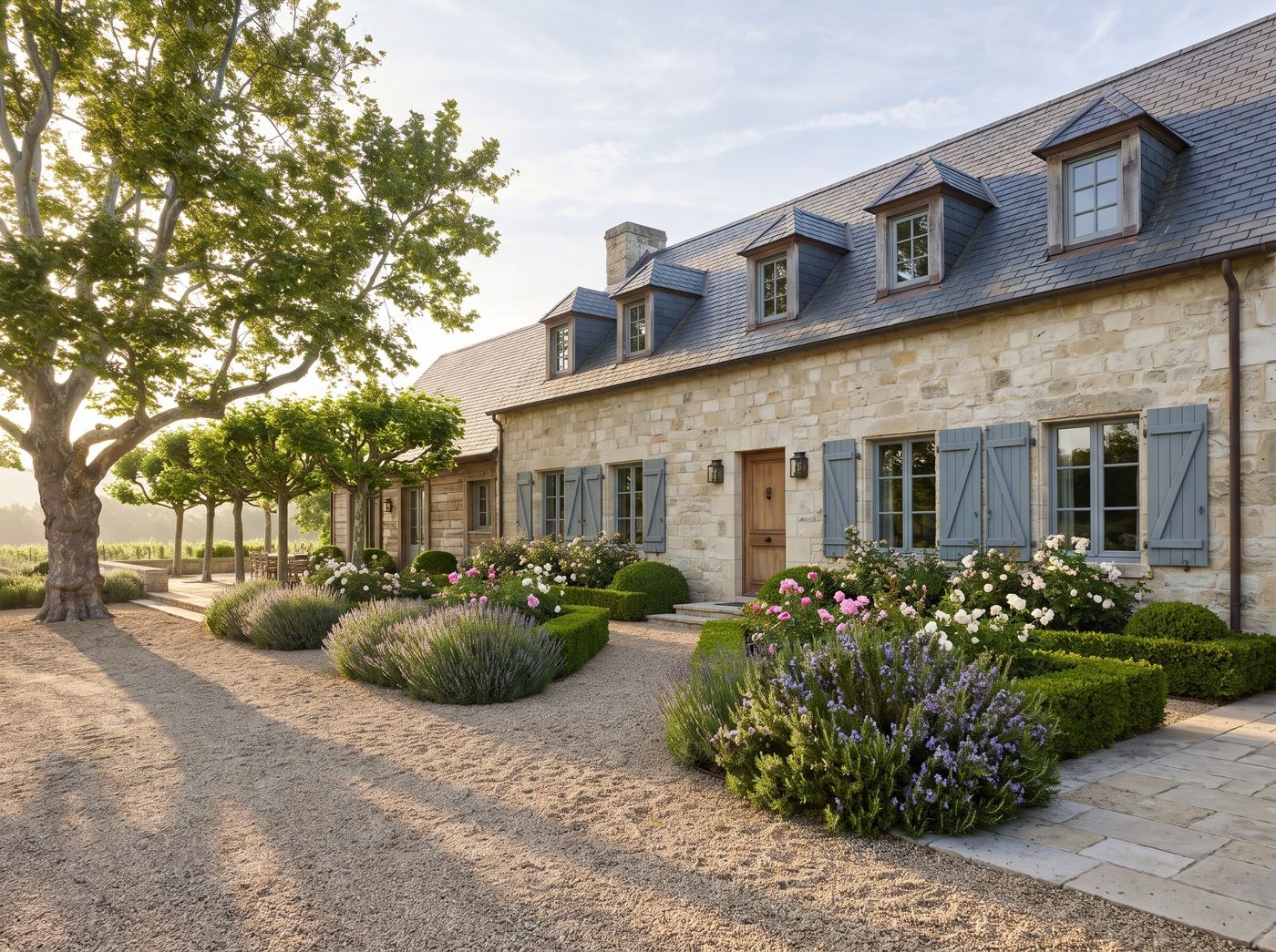 Gravel Walkway with Lavender Foundation Planting